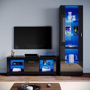 Elegant - Living Room Set Modern High Gloss Fronts with led Light, 1300mm tv Stand, Display Cabinet with Glass Shelf Tall Storage Cabinet, Black Elegant - Living Room Set Modern High Gloss Fronts with led Light, 1300mm tv Stand, Display Cabinet with Glass Shelf Tall Storage Cabinet, Black