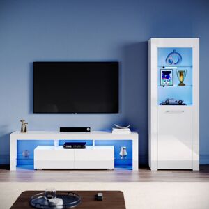 Living Room Set Modern High Gloss Fronts with led Light, 1600mm tv Stand, Display Cabinet with Glass Shelf Bookcase, White - Elegant Living Room Set Modern High Gloss Fronts with led Light, 1600mm tv Stand, Display Cabinet with Glass Shelf Bookcase, White - Elegant