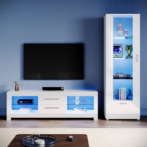 Living Room Set Modern High Gloss Fronts with led Light, 1600mm tv Stand, Display Cabinet with Glass Shelf Tall Storage Cabinet, White - Elegant Living Room Set Modern High Gloss Fronts with led Light, 1600mm tv Stand, Display Cabinet with Glass Shelf Tall Storage Cabinet, White - Elegant