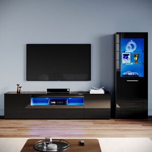 Living Room Set Modern High Gloss Fronts with led Light, 2000mm tv Stand, Display Cabinet with Glass Shelf Bookcase, Black - Elegant Living Room Set Modern High Gloss Fronts with led Light, 2000mm tv Stand, Display Cabinet with Glass Shelf Bookcase, Black - Elegant