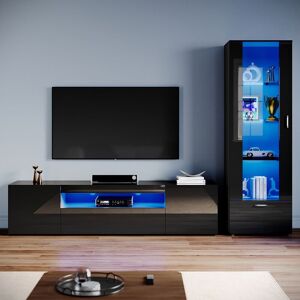 Living Room Set Modern High Gloss Fronts with led Light, 2000mm tv Stand, Display Cabinet with Glass Shelf Tall Storage Cabinet, Black - Elegant Living Room Set Modern High Gloss Fronts with led Light, 2000mm tv Stand, Display Cabinet with Glass Shelf Tall Storage Cabinet, Black - Elegant