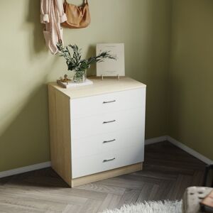 Modern High Gloss 4 spacious Drawer Chest with Metal Handles for Bedroom or Home Storage Organizer, White/Oak - Elegant Modern High Gloss 4 spacious Drawer Chest with Metal Handles for Bedroom or Home Storage Organizer, White/Oak - Elegant