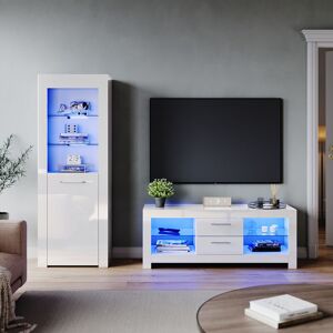 ELEGANT Modern High Gloss Living Room Set with RGB LED Lights Display Cabinet Storage Unit + 1300mm TV Stand Cabinet White Furniture Set 2 ELEGANT Modern High Gloss Living Room Set with RGB LED Lights Display Cabinet Storage Unit + 1300mm TV Stand Cabinet White Furniture Set 2