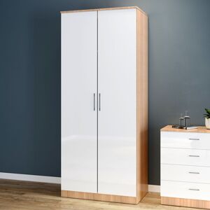 Wardrobe 2 Doors High Gloss Bedroom Storage Furniture with Shelf and Hanging Rail, White/Oak - Elegant Wardrobe 2 Doors High Gloss Bedroom Storage Furniture with Shelf and Hanging Rail, White/Oak - Elegant