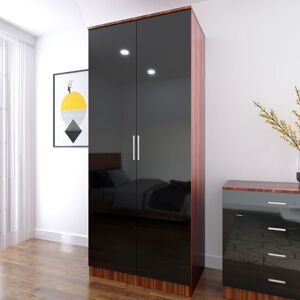 Modern High Gloss Soft Close 2 Doors Wardrobe with Metal Handles Includes a removable hanging rod and storage shelves, Black/Walnut - Elegant Modern High Gloss Soft Close 2 Doors Wardrobe with Metal Handles Includes a removable hanging rod and storage shelves, Black/Walnut - Elegant