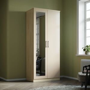 Wardrobe Storage 2 Doors High Gloss with Mirror Include Metal Handles and Removable Hanging Rod, Beige - Elegant Wardrobe Storage 2 Doors High Gloss with Mirror Include Metal Handles and Removable Hanging Rod, Beige - Elegant