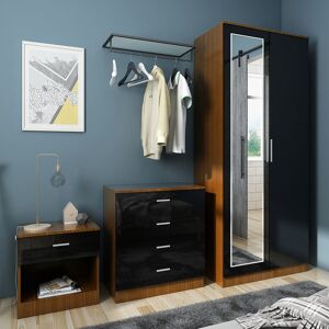Modern High Gloss Wardrobe and Cabinet Furniture Set 2 Doors Wardrobe and 4 Drawer Chest and Bedside Cabinet, Black/Walnut, with Mirror - Elegant Modern High Gloss Wardrobe and Cabinet Furniture Set 2 Doors Wardrobe and 4 Drawer Chest and Bedside Cabinet, Black/Walnut, with Mirror - Elegant