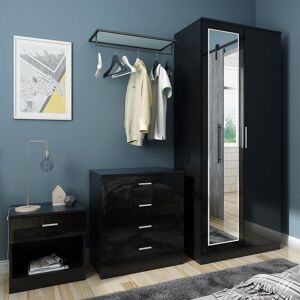 ELEGANT Modern High Gloss Wardrobe and Cabinet Furniture Set 2 Doors Wardrobe and 4 Drawer Chest and Bedside Cabinet, Black, with Mirror ELEGANT Modern High Gloss Wardrobe and Cabinet Furniture Set 2 Doors Wardrobe and 4 Drawer Chest and Bedside Cabinet, Black, with Mirror