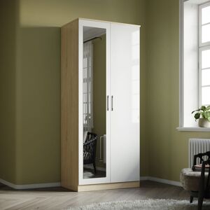 ELEGANT Wardrobe with Mirror Bedroom Furniture High Gloss Finish White/Oak Mordern Design Soft Close 2 Door Includes Removable Hanging Rod and Storage ELEGANT Wardrobe with Mirror Bedroom Furniture High Gloss Finish White/Oak Mordern Design Soft Close 2 Door Includes Removable Hanging Rod and Storage