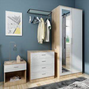 Modern High Gloss Wardrobe and Cabinet Furniture with Mirror Set 2 Doors Wardrobe and 4 Drawer Chest and Bedside Cabinet, White/Oak - Elegant Modern High Gloss Wardrobe and Cabinet Furniture with Mirror Set 2 Doors Wardrobe and 4 Drawer Chest and Bedside Cabinet, White/Oak - Elegant