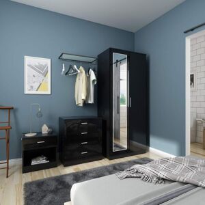 Bedroom Furniture Set 2 Doors Soft Close Wardrobe with Mirror + Chest Of Drawer + Bedside Cabinet High Gloss,Black,Wooden - Elegant Bedroom Furniture Set 2 Doors Soft Close Wardrobe with Mirror + Chest Of Drawer + Bedside Cabinet High Gloss,Black,Wooden - Elegant