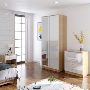 Modern High Gloss Wardrobe and Cabinet Furniture Set Bedroom 2 Doors Wardrobe with Mirror and 4 Drawer Chest and Bedside Cabinet, White/Oak - Elegant Modern High Gloss Wardrobe and Cabinet Furniture Set Bedroom 2 Doors Wardrobe with Mirror and 4 Drawer Chest and Bedside Cabinet, White/Oak - Elegant