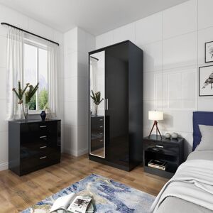 Modern High Gloss Wardrobe and Cabinet Furniture Set Bedroom Wardrobe with Mirror and 4 Drawer Chest and Bedside Cabinet, Black - Elegant Modern High Gloss Wardrobe and Cabinet Furniture Set Bedroom Wardrobe with Mirror and 4 Drawer Chest and Bedside Cabinet, Black - Elegant