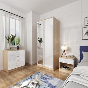 ELEGANT Modern High Gloss Wardrobe and Cabinet Furniture Set Bedroom Wardrobe with Mirror and 4 Drawer Chest and Bedside Cabinet, White/Oak ELEGANT Modern High Gloss Wardrobe and Cabinet Furniture Set Bedroom Wardrobe with Mirror and 4 Drawer Chest and Bedside Cabinet, White/Oak