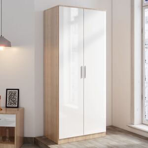 ELEGANT Modern Soft Close 2 Doors Wardrobe with Metal Handles Includes a removable hanging rod and storage shelves, White/Oak ELEGANT Modern Soft Close 2 Doors Wardrobe with Metal Handles Includes a removable hanging rod and storage shelves, White/Oak