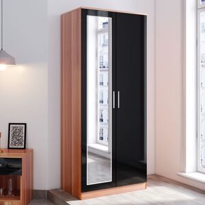 Elegant - Modern Soft Close 2 Doors Wardrobe with Mirror and Metal Handles Includes a removable hanging rod and storage shelves, Black/Walnut Elegant - Modern Soft Close 2 Doors Wardrobe with Mirror and Metal Handles Includes a removable hanging rod and storage shelves, Black/Walnut