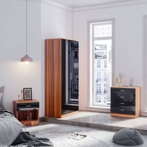 Modern Wardrobe and Cabinet Furniture Set Bedroom 2 Doors Wardrobe and 4 Drawer Chest and Bedside Cabinet, Black/Walnut - Elegant Modern Wardrobe and Cabinet Furniture Set Bedroom 2 Doors Wardrobe and 4 Drawer Chest and Bedside Cabinet, Black/Walnut - Elegant