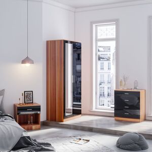 ELEGANT Modern Wardrobe and Cabinet Furniture Set Bedroom 2 Doors Wardrobe with Mirror and 4 Drawer Chest and Bedside Cabinet, Black/Walnut ELEGANT Modern Wardrobe and Cabinet Furniture Set Bedroom 2 Doors Wardrobe with Mirror and 4 Drawer Chest and Bedside Cabinet, Black/Walnut
