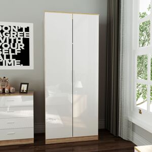 Soft Close 2 Doors Wardrobe with Metal Handles Includes a removable hanging rod and storage shelves High Gloss, White/Oak - Elegant Soft Close 2 Doors Wardrobe with Metal Handles Includes a removable hanging rod and storage shelves High Gloss, White/Oak - Elegant