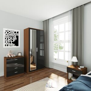 Wardrobe and Cabinet Furniture Set Bedroom 2 Doors Wardrobe with Mirror and 4 Drawer Chest and Bedside Cabinet High Gloss, Black/Walnut - Elegant Wardrobe and Cabinet Furniture Set Bedroom 2 Doors Wardrobe with Mirror and 4 Drawer Chest and Bedside Cabinet High Gloss, Black/Walnut - Elegant