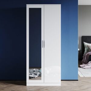 Wardrobe White High Gloss 2 Soft Close Doors Bedroom Furniture Storage Include White Shelf + Metal Hanging Rail and Mirror - Elegant Wardrobe White High Gloss 2 Soft Close Doors Bedroom Furniture Storage Include White Shelf + Metal Hanging Rail and Mirror - Elegant