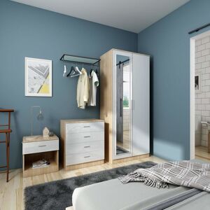 White Gloss Home Closet 2 Door Wardrobe with mirror and 4 Drawer Chest and Bedside Cabinet, Furniture Set for Bedroom Storage, White on Oak - Elegant White Gloss Home Closet 2 Door Wardrobe with mirror and 4 Drawer Chest and Bedside Cabinet, Furniture Set for Bedroom Storage, White on Oak - Elegant
