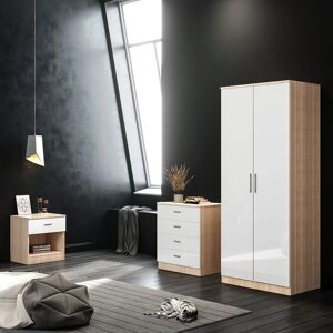 White/Oak Modern High Gloss Wardrobe and Cabinet Furniture Set Bedroom 2 Doors Wardrobe and 4 Drawer Chest and Bedside Cabinet - Elegant White/Oak Modern High Gloss Wardrobe and Cabinet Furniture Set Bedroom 2 Doors Wardrobe and 4 Drawer Chest and Bedside Cabinet - Elegant