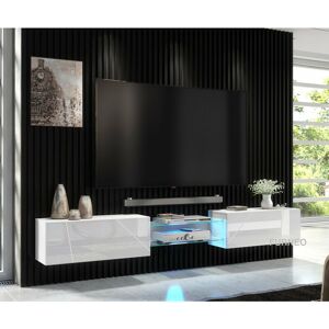 Furneo - White Floating tv Cabinet 230cm Wall Unit Modern High Gloss &Matt Art02 Blue led Lights Furneo - White Floating tv Cabinet 230cm Wall Unit Modern High Gloss &Matt Art02 Blue led Lights