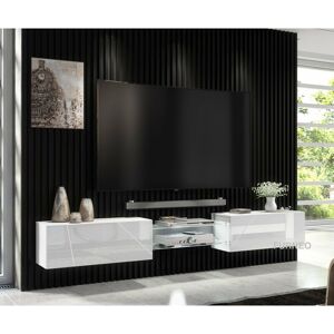 Furneo - White Floating tv Cabinet 230cm Wall Unit Modern High Gloss &Matt Art02 White led Lights Furneo - White Floating tv Cabinet 230cm Wall Unit Modern High Gloss &Matt Art02 White led Lights