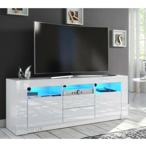 Furneo White TV Stand 160cm Unit Cabinet Matt & High Gloss Clifton18 Blue LED Lights Furneo White TV Stand 160cm Unit Cabinet Matt & High Gloss Clifton18 Blue LED Lights