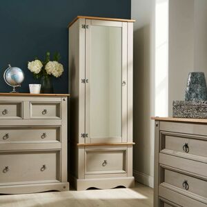Home Source - Grey Corona Pine Armoire Wardrobe 1 Door Mirrored 1 Storage Drawer Solid Wood Home Source - Grey Corona Pine Armoire Wardrobe 1 Door Mirrored 1 Storage Drawer Solid Wood