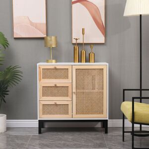 Mdf and Rattan Floor Cabient with 1 Door and 3 Drawers Cupboard Sideboard Storage Unit,Natural and Grey,80x35x80cm(WxDxH) - Furniture Hmd Mdf and Rattan Floor Cabient with 1 Door and 3 Drawers Cupboard Sideboard Storage Unit,Natural and Grey,80x35x80cm(WxDxH) - Furniture Hmd