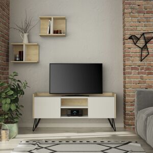 BAKAJI Decortie - Klappe Modern tv Stand Multimedia Centre tv Unit With Storage And Wall Shelf 125.5cm - White / Oak - Oak BAKAJI Decortie - Klappe Modern tv Stand Multimedia Centre tv Unit With Storage And Wall Shelf 125.5cm - White / Oak - Oak
