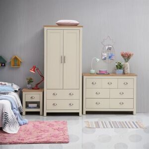 TIMBER ART DESIGN UK 3 – Piece Bedroom Furniture Set Wardrobe 3+2+2 Chest 1 Drawer Bedside Table Cream Oak Top TIMBER ART DESIGN UK 3 – Piece Bedroom Furniture Set Wardrobe 3+2+2 Chest 1 Drawer Bedside Table Cream Oak Top