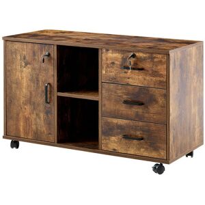 Clipop - Office File Cabinet, Wooden Lockable 3 Drawer Lateral Filing Cabinet with Open Storage Shelves, 1 Closed Storage and 5 Rolling Wheels, Brown Clipop - Office File Cabinet, Wooden Lockable 3 Drawer Lateral Filing Cabinet with Open Storage Shelves, 1 Closed Storage and 5 Rolling Wheels, Brown