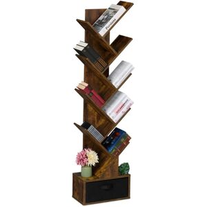 Relaxdays - Tree Bookshelf, 9-Tier Bookcase, hwd: 146 x 38 x 22 cm, Storage for Books & CDs, Free-Standing, Drawer, Brown Relaxdays - Tree Bookshelf, 9-Tier Bookcase, hwd: 146 x 38 x 22 cm, Storage for Books & CDs, Free-Standing, Drawer, Brown