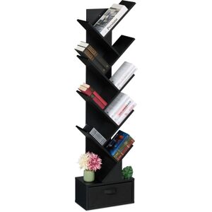 Relaxdays - Tree Bookshelf, 9-Tier Bookcase, hwd: 146 x 38 x 22 cm, Storage for Books & CDs, Free-Standing, Drawer, Black Relaxdays - Tree Bookshelf, 9-Tier Bookcase, hwd: 146 x 38 x 22 cm, Storage for Books & CDs, Free-Standing, Drawer, Black