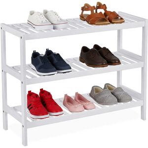 Relaxdays shoe rack, HxWxD: 55 x 70 x 26 cm, bamboo, 3 tiers, for 9 pairs of shoes, shoe stand with open shelves, white Relaxdays shoe rack, HxWxD: 55 x 70 x 26 cm, bamboo, 3 tiers, for 9 pairs of shoes, shoe stand with open shelves, white