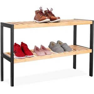 Relaxdays bamboo shoe rack, HxWxD: 33 x 70 x 26 cm, 2 tiers, holds 6 pairs, shoe stand with open shelves, natural/black Relaxdays bamboo shoe rack, HxWxD: 33 x 70 x 26 cm, 2 tiers, holds 6 pairs, shoe stand with open shelves, natural/black