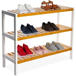 Relaxdays bamboo shoe rack, HxWxD: 55 x 70 x 26 cm, 3 tiers, holds 9 pairs, shoe stand with open shelves, natural/white Relaxdays bamboo shoe rack, HxWxD: 55 x 70 x 26 cm, 3 tiers, holds 9 pairs, shoe stand with open shelves, natural/white