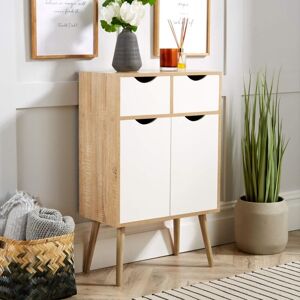 Home Source - Sideboard Oak White Storage Cabinet 2 Door 2 Drawer Cupboard Solid Wood Legs Home Source - Sideboard Oak White Storage Cabinet 2 Door 2 Drawer Cupboard Solid Wood Legs