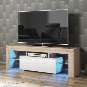 Olivia Furniture - Floe tv Unit 130cm - Oak with White Gloss Doors & led Olivia Furniture - Floe tv Unit 130cm - Oak with White Gloss Doors & led