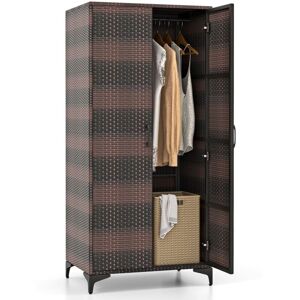 Costway - Wicker Wardrobe pe Rattan Wardrobe Armoire Closet w/ Hanging Rod-Coffee Costway - Wicker Wardrobe pe Rattan Wardrobe Armoire Closet w/ Hanging Rod-Coffee