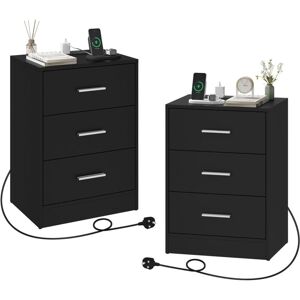 2x Simple 3-Drawer Nightstand Side Table with Charging Station for Living Room/Bedroom,Black - Woltu 2x Simple 3-Drawer Nightstand Side Table with Charging Station for Living Room/Bedroom,Black - Woltu