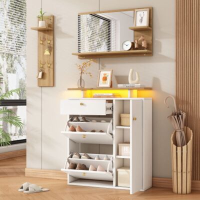 MINICLOSS 3-Piece Hallway Wardrobe Set – With Mirror, Hat Shelf, and Shoe Cabinet, Coat Rack with LED Lighting and 4 Hooks, Natural & White Finish, 105 × 25 × MINICLOSS 3-Piece Hallway Wardrobe Set – With Mirror, Hat Shelf, and Shoe Cabinet, Coat Rack with LED Lighting and 4 Hooks, Natural & White Finish, 105 × 25 ×