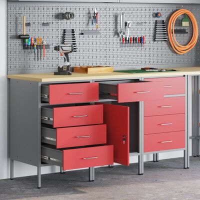 vidaXL 3-Piece Workshop Cabinet Set - Steel and Wood - Lockable Drawers vidaXL 3-Piece Workshop Cabinet Set - Steel and Wood - Lockable Drawers
