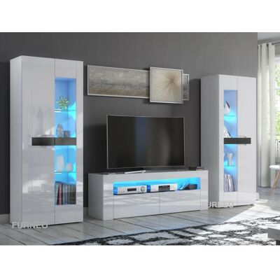 Furneo - High Gloss & Matt White Living Room Set tv Stand Display Cabinets MilClif13 Blue led Lights Furneo - High Gloss & Matt White Living Room Set tv Stand Display Cabinets MilClif13 Blue led Lights