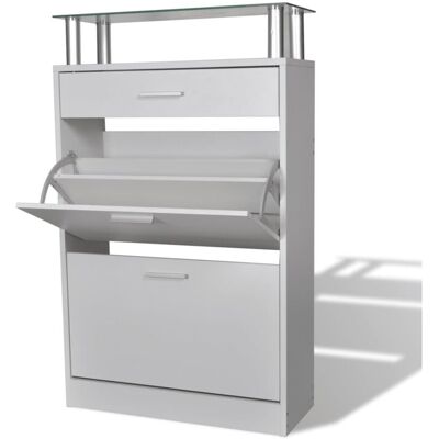 vidaXL White Wooden Shoe Cabinet with Drawer & Glass Shelf - Shoe Storage vidaXL White Wooden Shoe Cabinet with Drawer & Glass Shelf - Shoe Storage