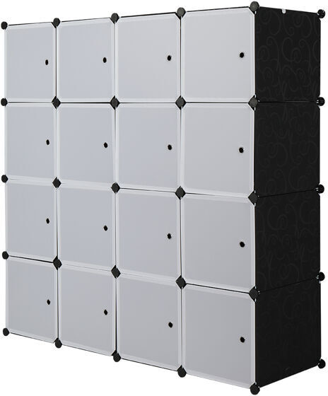 DEWDAT 16 Cube Organizer Stackable Plastic Cube Storage Shelves Design Multifunctional Modular Closet Cabinet with Hanging Rod White Doors and Black Panels