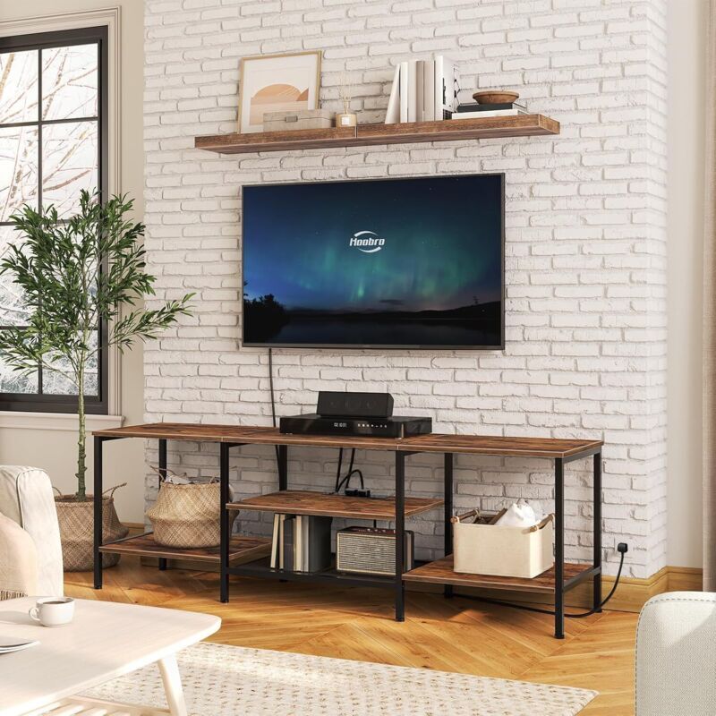 HOOBRO 160cm TV Stand Unit, TV Cabinet with Open Storage Shelves Cabinet, Industrial Media Entertainment Center with Power Outlets for Living Room Bedroom,